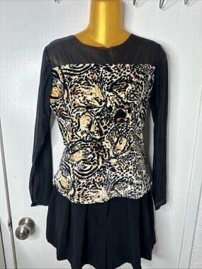 Y2K Leopard Print velvet Long-Sleeve Top Black Sheer sleeves size small